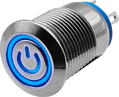 ProRide Metalen Pulsschakelaar 220V OFF-(ON) - 12mm - Momentschakelaar - Spatwaterdicht - LED Indicatie Blauw