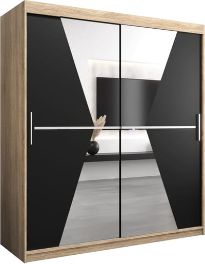 InspireMe - Kledingkast met 2 schuifdeuren, Modern-stijl, Een kledingkast met planken en een spiegel (BxHxD): 180x200x62 - TOTO 180 Sonoma Eik + Zwart Mat