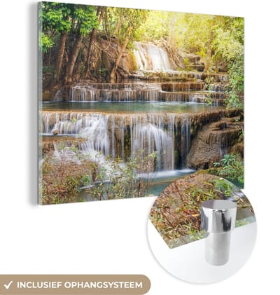 MuchoWow® Glasschilderij 40x30 cm - Schilderij acrylglas - Zon - Waterval - Landschap - Foto op glas - Schilderijen