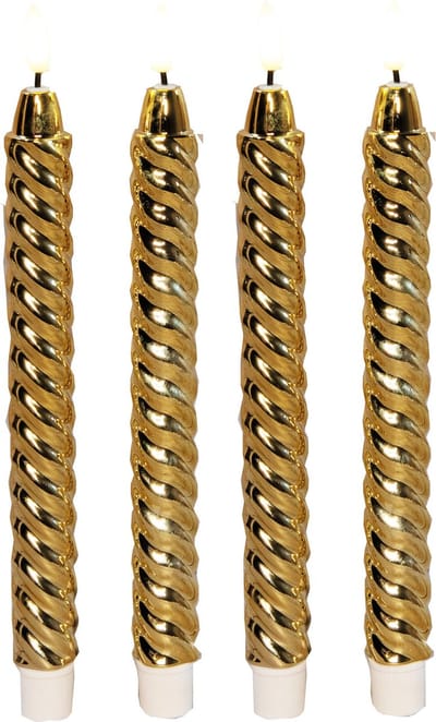 Anna's Collection LED dinerkaarsen - 4x st - goud - glimmend - 25 cm - swirl - 3D vlam