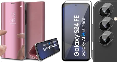 Hoesje geschikt voor Samsung Galaxy S24 FE - Screenprotector Volledig Dekkend Glas & Camera - Spiegel Book Case Rosegoud