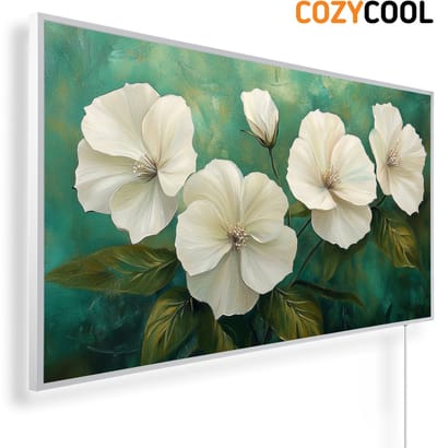 Infraroodpaneel met afbeelding | Witte lelies met groene bladeren | 1200 Watt | Witte lijst | Infrarood verwarmingspaneel | Infrarood paneel | Infrarood verwarming