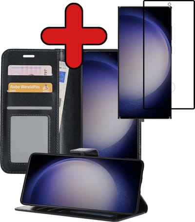 Hoesje - Met Screenprotector - Geschikt voor Samsung Galaxy S23 Ultra - Luxe Pasjeshouder - Flipcase - Bookcase Portemonee - Flip Case - Kunstleer Book Case - Book Cover - Walletcase - Portemonneehoes - Telefoonhoes - Zwart