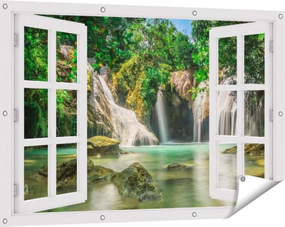Gards Tuinposter Doorkijk Tropische Waterval - 120x80 cm - Tuindoek - Tuindecoratie - Wanddecoratie buiten - Tuinschilderij