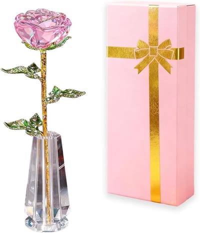 Kristallen Roos - Eeuwige Bloem - Cadeau Geven - Handgemaakt K9 Kristal - 24 cm Hoog - Roze