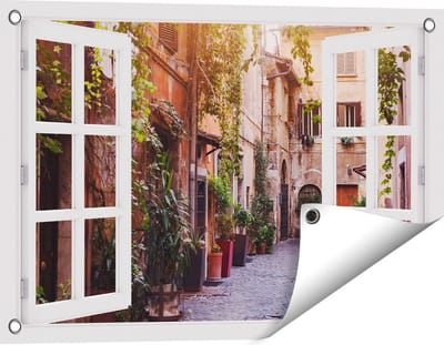Gards Tuinposter Doorkijk Straatje in Rome met Groene Planten - 60x40 cm - Tuindoek - Tuindecoratie - Wanddecoratie buiten - Tuinschilderij