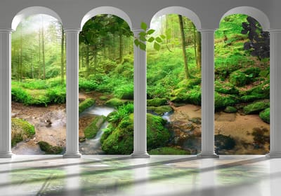 Fotobehangkoning - Behang - Vliesbehang - Fotobehang 3D Uitzicht op het Bos vanaf de Pilaren - Pillars and Forest - 150 x 105 cm
