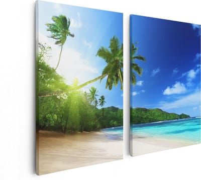 Artaza Canvas Schilderij Tweeluik Strand Tijdens Zonsondergang In Seychellen - 80x60 - Foto Op Canvas - Canvas Print