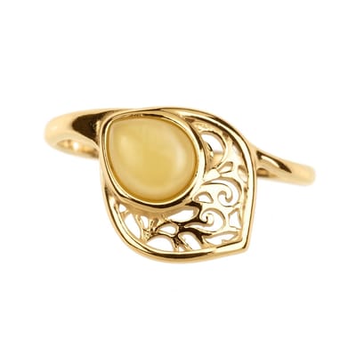 Cavill - Zilveren ring met vergulde bezel - 925 Sterling Zilver - Peervormige Baltische barnsteen 0,209 ct - Filigraan design - Tijdloze milky ring