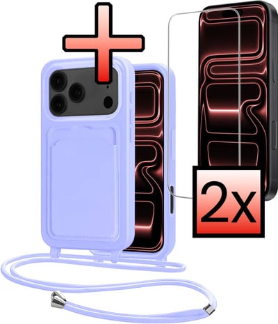Hoes Geschikt voor iPhone 17 Pro Max Hoesje Pasjeshouder Cover Met Koord Case Siliconen Hoes Met Telefoonkoord en Kaarthouder Met 2x Screenprotector - Lila