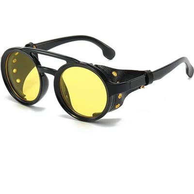 Lunettes de soleil Hommes Rétro Femmes Cuir Rond Lunettes Rétro Lunettes anti-vent Sports d'extérieur Lunettes de soleil Protection UV 400 Lunettes 1PC black