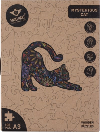 Houten Puzzel Kat – 108 Unieke Puzzelstukjes – A3 Formaat Grote Houten Legpuzzel – Dieren Puzzelspel – Compact en Ontspannend Denkspel – Inclusief Opbergetui – Engelhart