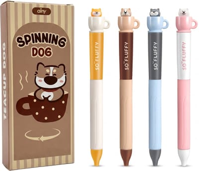 Ainy - Hondjes Theekop Pen - Set van 4 pennen voor etui of pennenzak | Unieke draaibare fidget toy hond design | Zwart Inkt| Ideale teken fineliners balpennen cadeauset voor kinderen en volwassenen