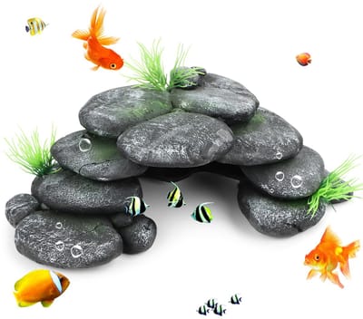 Aquariumdecoratie Rotsgrotdecoratie met Groen Gras Aquariumschuilplaats Harsgrot Berg Polyresin Landschap Vistank Harsdecoratie voor Vistank