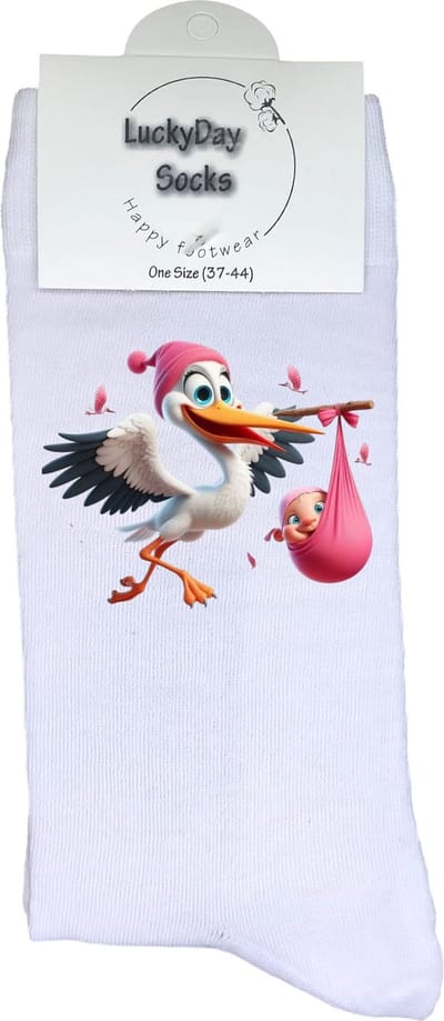 Ooievaar - Verjaardag cadeau - Grappige sokken - kraam cadeau - Meisje -Leuke sokken voor heren en dames - Moederdag - Vaderdag - Cadeau voor hem en haar - Kerstcadeau - Vrolijke sokken - Valentijns cadeau - Sokken waar je vrolijk van wordt - 37-44