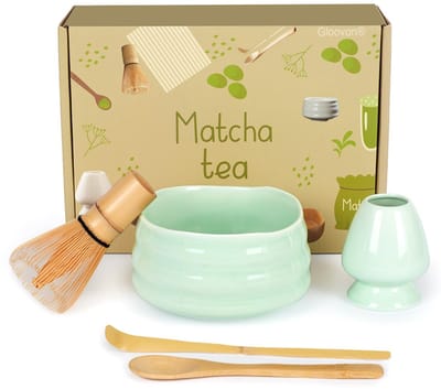 Gloovon® - Matcha Set 5-Delig - Matcha Kom - Bamboo Whisk - Bamboe Theelepel - Garde Houder - Houten Scoop Lepel - Complete Matcha set - Starterkit - Groen