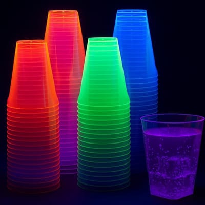 Candala 80 Neon Plastic Bekers Herbruikbare voor Verjaardagen, Kinderfeestjes, Bruiloften, Kerstmis, Barbecue & Feesten, 210ml - Blacklight/UV-Reactief - Stevig en Herbruikbaar