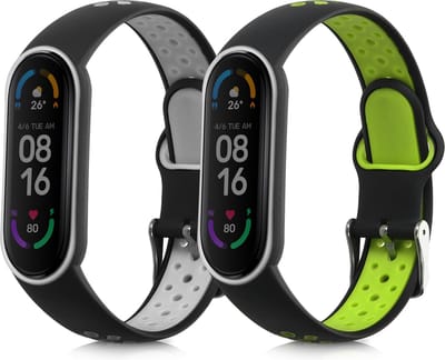 kwmobile 2x horlogebandjes geschikt voor Xiaomi Mi Smart Band 6 / Mi Band 6 / Band 5 bandje - Smartwatch bandjes van TPU - Activity tracker horloge band in zwart / grijs / zwart / groen