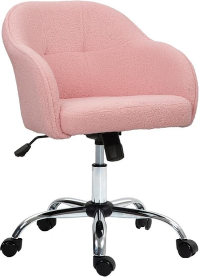 Ronde bureaustoel met teddyfleece in roze, verstelbare hoogte, comfortabele zitspons, hoge rugleuning en armleuningen