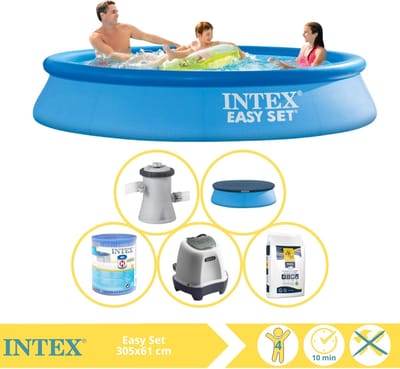 Intex Rond Opblaasbaar Easy Set Zwembad - 305 x 61 cm - Blauw - Inclusief Pomp - Afdekzeil - Filter - Zoutwatersysteem - Zwembadzout - 6-delig