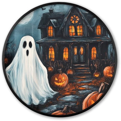 Poster in lijst Rond - Fotolijst 60x60 cm - Posters - Halloween - Spookhuis - Pompoen - Spook - Ronde posterlijst zwart - Decoratie - Wanddecoratie woonkamer - Muurdecoratie slaapkamer