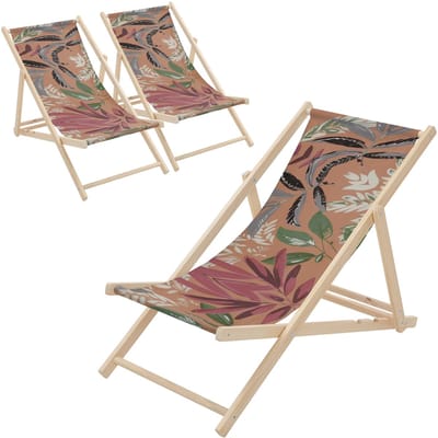 Set van 3 houten tuinligstoelen in gebloemd bruin-rood-groen Opvouwbare strandstoel Strandstoel Ligstoel Relaxligstoel