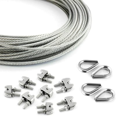 DQ-PP STAALKABEL SET - 2 mm - 10 m - 8 x Kabelklemmen 2 mm - 4 x Kousen 2 mm - Roestvrij Staal INOX - 7x7 Middelzacht - Staalkabel voor Klimhulp Roestvrij Staalkabel Staaldraad Bosbouwkabel Lierkabel