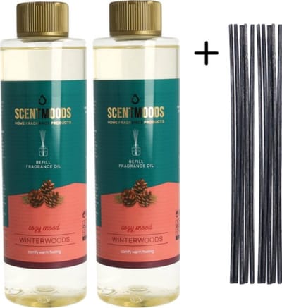Scentmoods Geurstokjes Navulling Winterwoods Set van 2 + 12 Geurstokjes - Geurverspreider - Luchtverfrisser - Huisparfum - 400ml x 2
