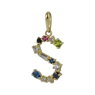 New Bling 9NBSAM-G210062 Gouden hangertje - Dames - Letter - S - 14 x 9,2 mm - Zirkonia - Blauw Safier - Robijn - Agaat - Bedel - 14 Karaat - Goud
