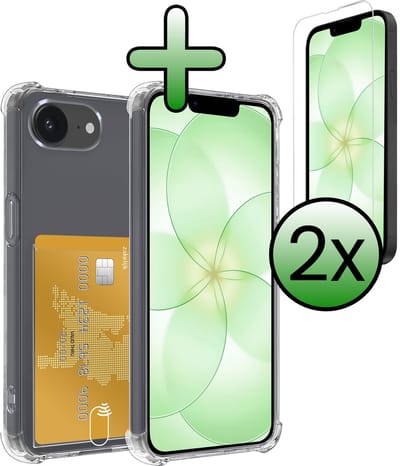 Hoesje Geschikt voor Apple iPhone 17e - Met 2x Screenprotector - Pashouder - Kaarthouder - Telefoon Hoes Shockproof - Siliconen Case - Back Cover - Shock Proof - Pasjes Houder - Transparant