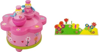 Playwood - Houten muziekdoos dansende prinses roze en een Kinderkapstok vlinder U krijgt 2 artikelen geleverd voor de prijs van 1