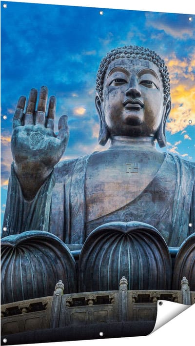 Gards Tuinposter Boeddha Beeld bij een Tempel - 100x150 cm - Tuindoek - Tuindecoratie - Wanddecoratie buiten - Tuinschilderij