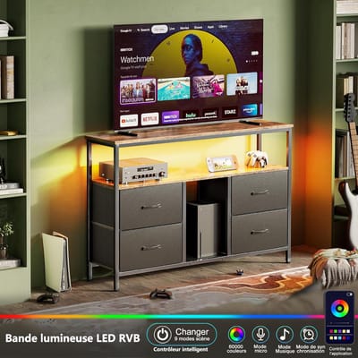 TV-kast met laag bord voor tv tot 54 inch, 137 cm lang, retro-stijl stoffen tv-standaard met 4 lades, 1 plankcompartiment, LED-verlichting tv-standaard voor slaapkamer, woonkamer, stoffen lades en metalen frame, zwart