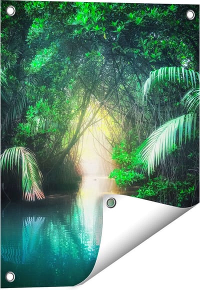 Gards Tuinposter Tropische Jungle met een Turquoise Meer - 40x50 cm - Tuindoek - Tuindecoratie - Wanddecoratie buiten - Tuinschilderij