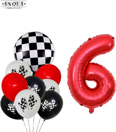 Snoes Racecijferballon 6 Feestboeket - Verjaardag Ballonnen Race Thema - Rood, Wit & Zwart