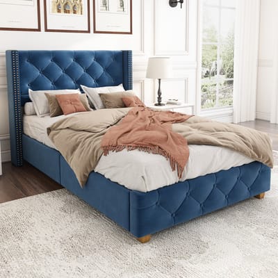 BLACKCOLORS Gestoffeerd bed 90*200 cm met lattenbodem en hoofdeinde, knopenbekleding, klinknagelbekleding, houten poten, fluweel, blauw
