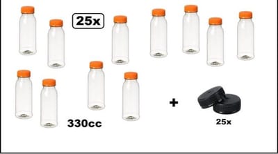 25x Flesje helder 330cc met oranje dop + 25 zwarte doppen - drink fles vruchten sap limonade drank