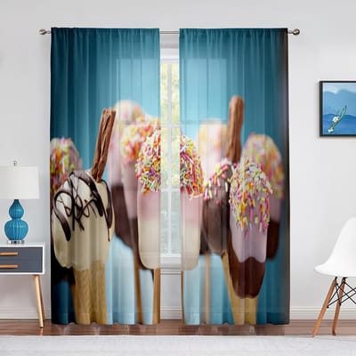 IJs Sheer Voile Gordijn Smaak van de Zomer Thema Chocolade Snoep Raam Tule Gordijnen voor Woonkamer Slaapkamer Decoraties 1 PCS W100XH250cm&Grommet Top