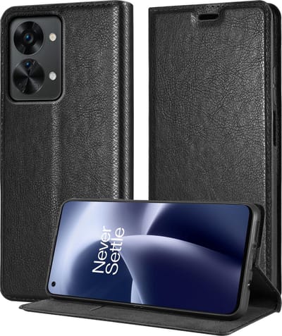Cadorabo Hoesje geschikt voor OnePlus Nord 2T in ZWARTE NACHT - Beschermhoes met magnetische sluiting, standfunctie en kaartvakje Book Case Cover Etui