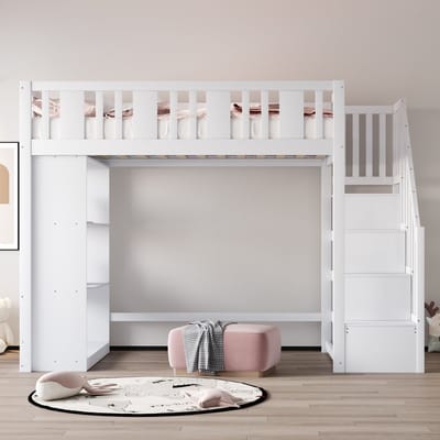VVBV Ruimtebesparende Hoogslaper 90x200 cm met Planken, Trap/Ladder - Voor Kinderen/Tieners - Hout Wit - Zonder Matras