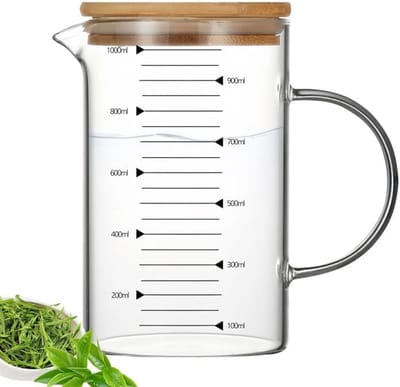 maatbeker met bamboedeksel: 1 liter temperatuurbestendige maatbeker, transparante maatbeker, borosilicaatglas, dikke wand, duidelijke metingen voor sap, back accessoires, ergonomische
