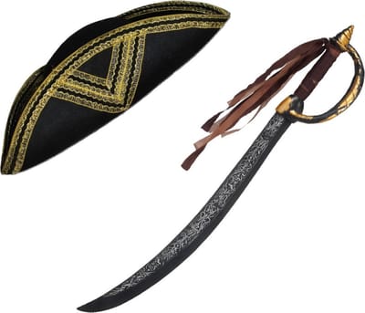 Funny Fashion Carnaval verkleed piratenhoed - zwart/goud - met piratenzwaard van 68 cm - Piraten thema accessiores - dames/heren