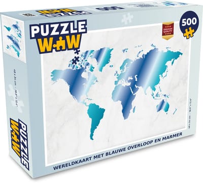 Puzzel Wereldkaart - Blauw - Marmer print - Legpuzzel - Puzzel 500 stukjes