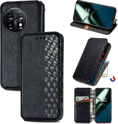 Luxe PU Lederen Ruitpatroon Wallet Case + PMMA Screenprotector voor OnePlus 11 _ Zwart