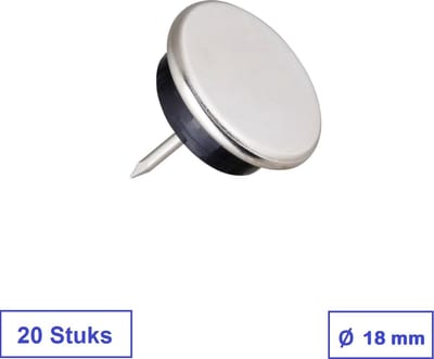 MEUBELGLIJDERS 20 STUKS - 18 MM - METAAL 'CHROOM' MET KUNSTSTOF GLIJNAGEL - MET STALEN NAGEL