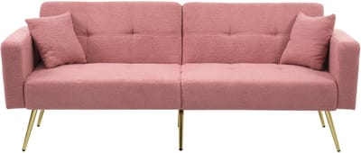 Slaapsofa met lamsvachtlook en gouden poten - met slaapfunctie - 1-2 personen - crème wit - traploos verstelbare rugleuning - opbergvakken in armleuningen - stevig massief houten frame