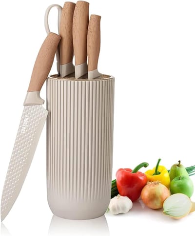 Messenset - Keukenmessen Set - 6-delig - Professionele Koksmessen - RVS Roestvrij Staal - Antikleeflaag - Met Messenblok - Ultrascherp - Ergonomisch & Antislip - Keukenaccessoires - Luxe Cadeau - Kaki - Messenset met Houder