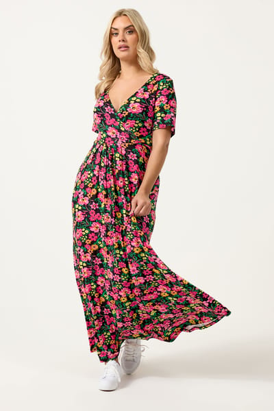 Yours Zwarte En Roze Wikkeljurk Met Bloemenprint Size 44
