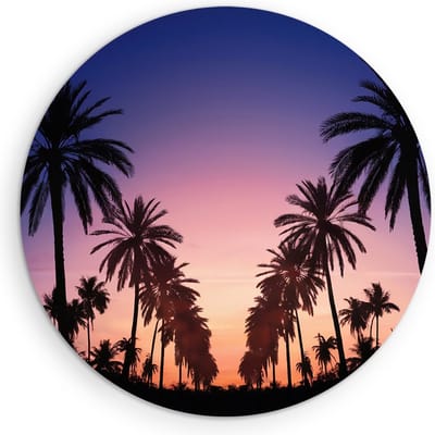Saammp Muurcirkel Hout - Palmbomen met zonsondergang - Natuur - Ø 90 - Wandcirkel - Wanddecoratie Cirkel - Muurdecoratie Woonkamer - Slaapkamer decoratie - Rond Schilderij