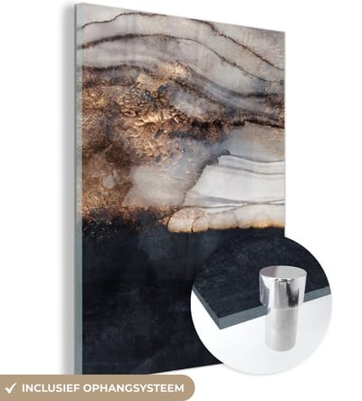 MuchoWow® Glasschilderij 30x40 cm - Schilderij acrylglas - Storm - Goud - Abstract - Foto op glas - Schilderijen